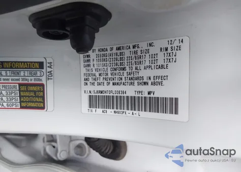 2015 Honda Cr-V Ex-L z USA, uszkodzony, nr VIN 5J6RM3H70FL006364